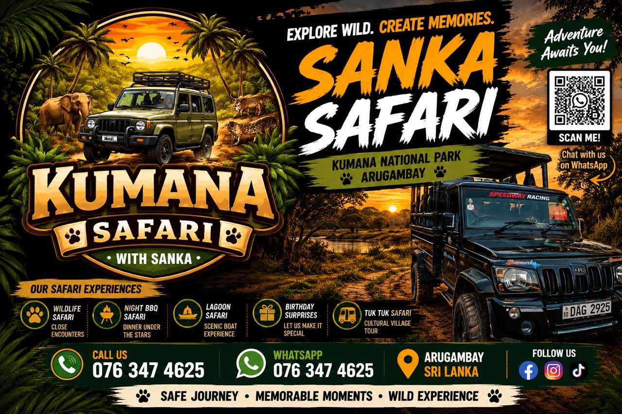 Sanka Safari promotional poster showing the Kumana jeep safari and the five experiences